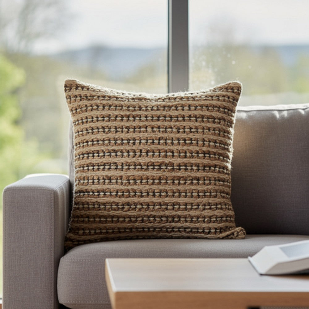 Benjara Square Accent Throw Pillow, 20 Inch, Handwoven Stripes on Brown Wool