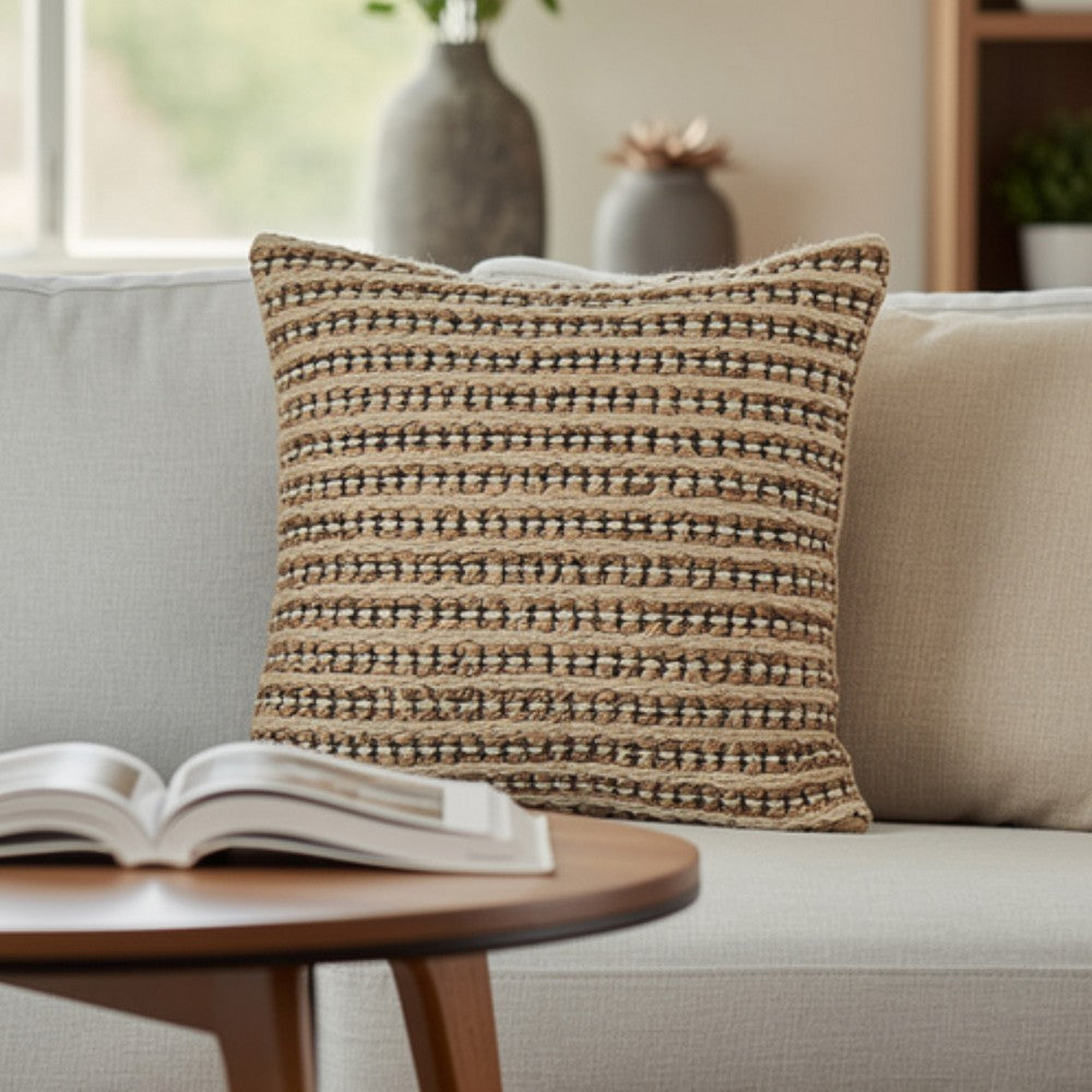 Benjara Square Accent Throw Pillow, 20 Inch, Handwoven Stripes on Brown Wool