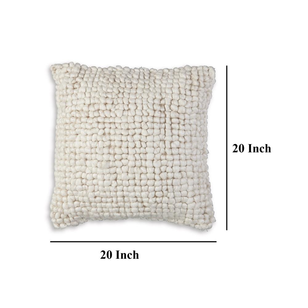 Benjara Avy Square Accent Throw Pillow, 20 Inch Plush Looped Ivory White Wool
