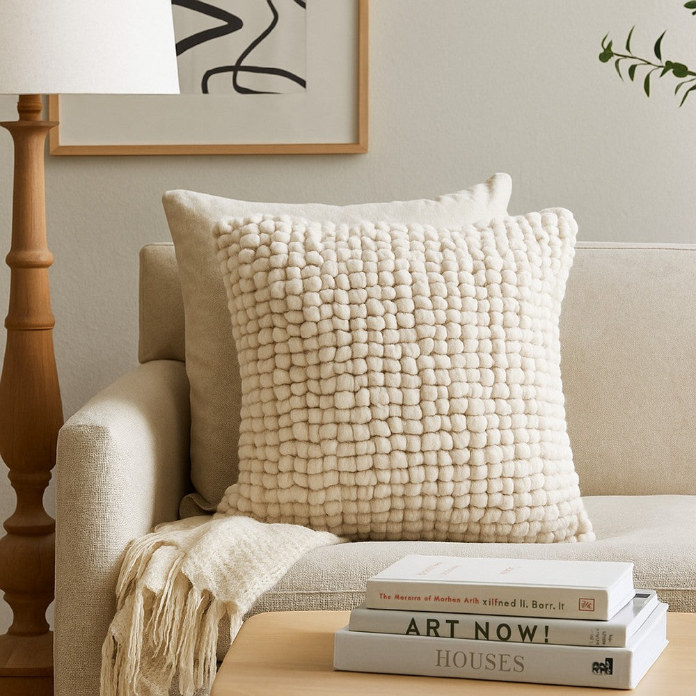 Benjara Avy Square Accent Throw Pillow, 20 Inch Plush Looped Ivory White Wool