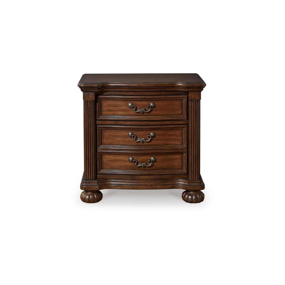 Benjara Laon Nightstand, 3 Drawer, Bronze, 29 Inch Cherry Brown Solid Hardwood