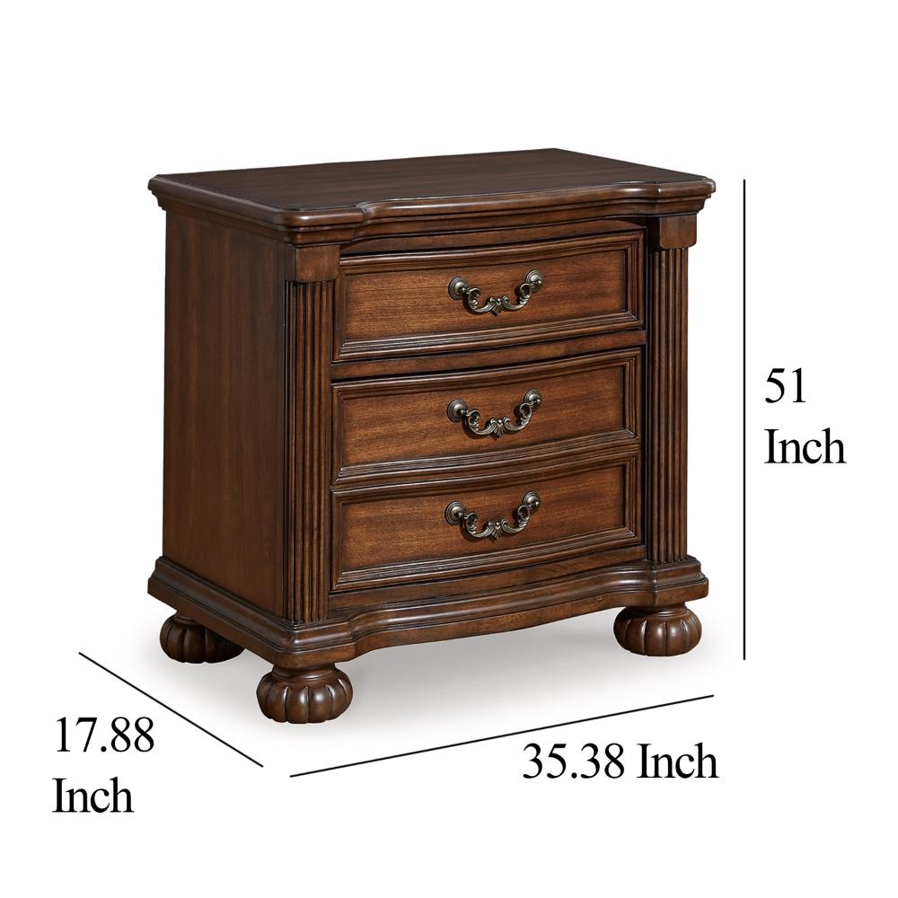 Benjara Laon Nightstand, 3 Drawer, Bronze, 29 Inch Cherry Brown Solid Hardwood