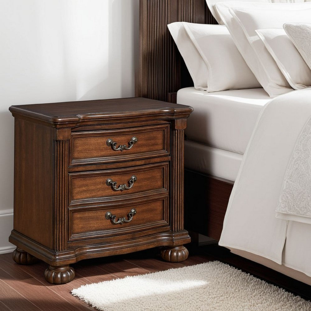 Benjara Laon Nightstand, 3 Drawer, Bronze, 29 Inch Cherry Brown Solid Hardwood