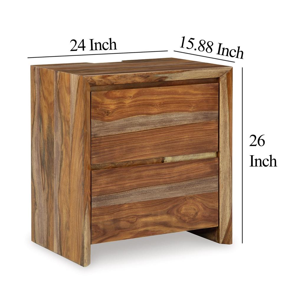 Benjara Donni Nightstand with 2 Drawer, Brown Sheesham Wood Finish, 24 Inch
