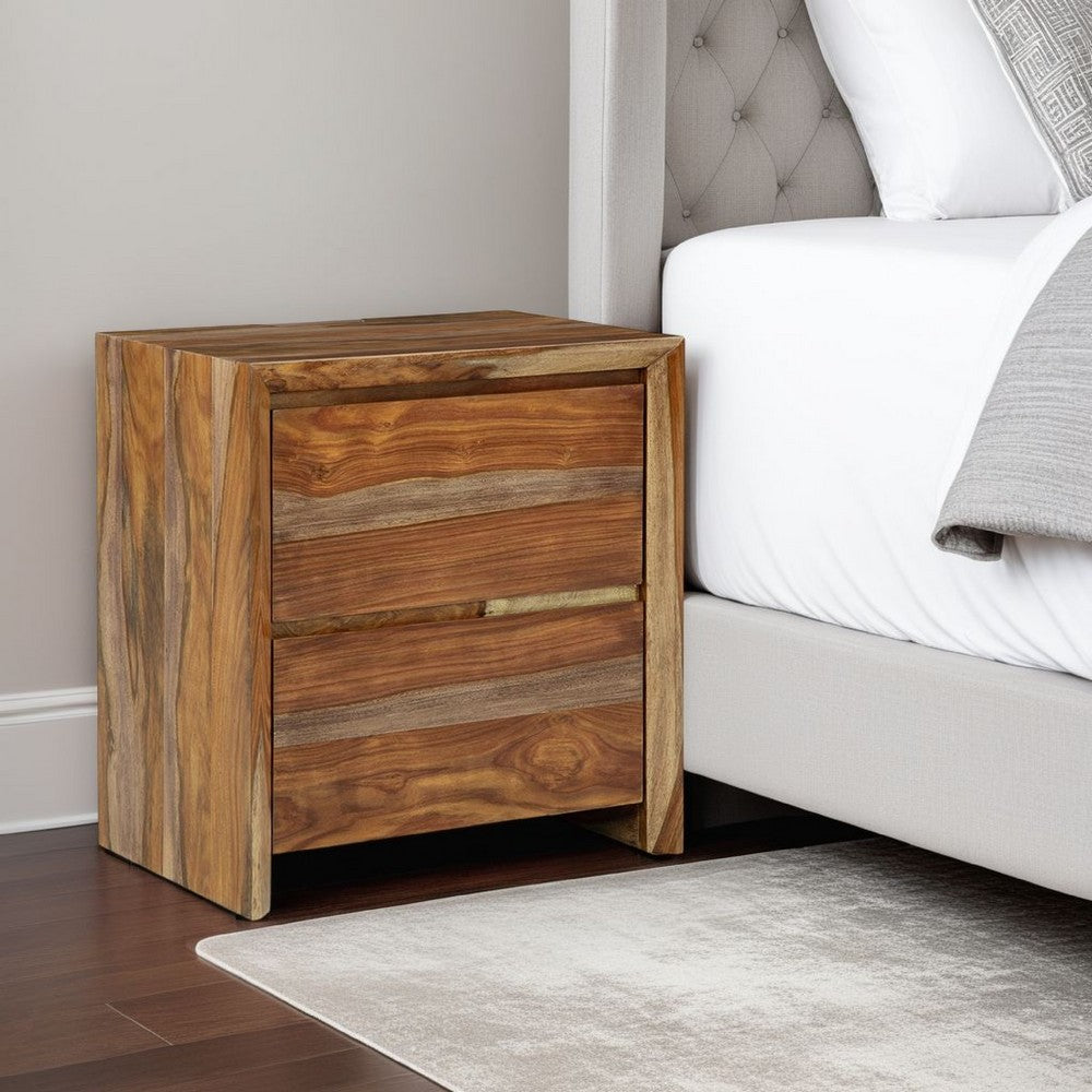 Benjara Donni Nightstand with 2 Drawer, Brown Sheesham Wood Finish, 24 Inch