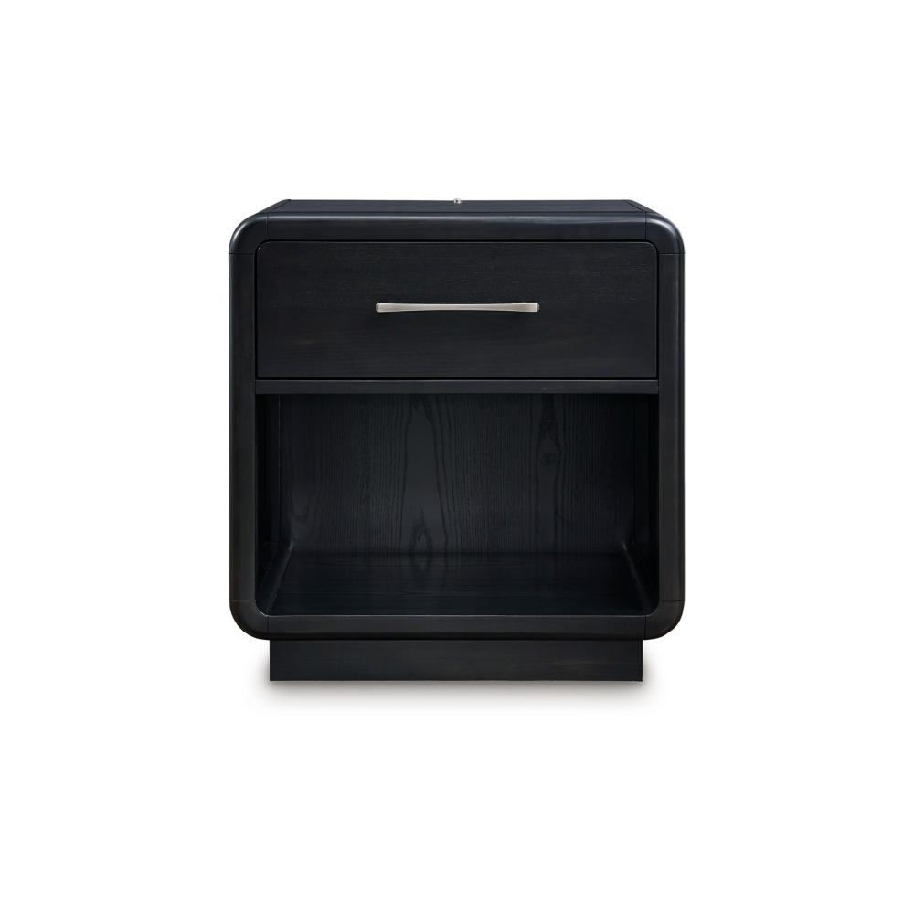 Benjara Robeck Nightstand, 1 Drawer, Black 26 Inch, Silver Metal Handles