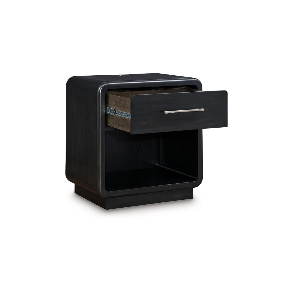 Benjara Robeck Nightstand, 1 Drawer, Black 26 Inch, Silver Metal Handles