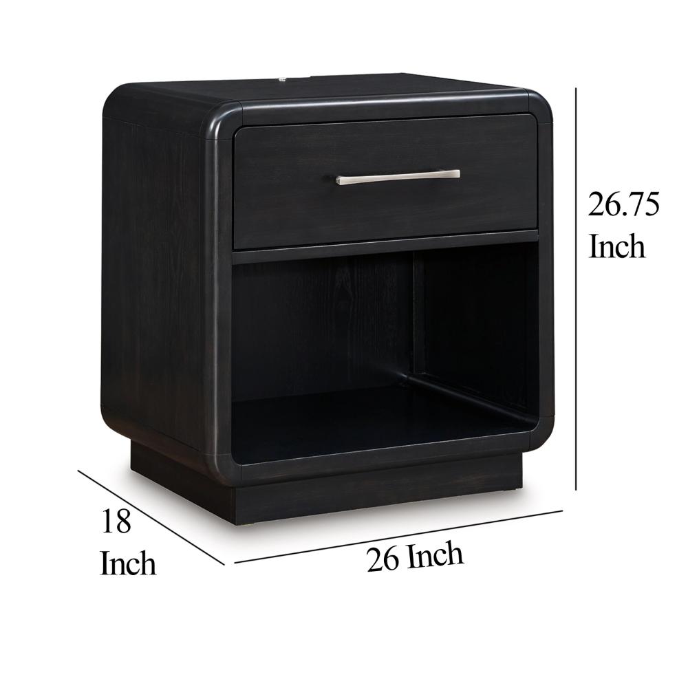 Benjara Robeck Nightstand, 1 Drawer, Black 26 Inch, Silver Metal Handles