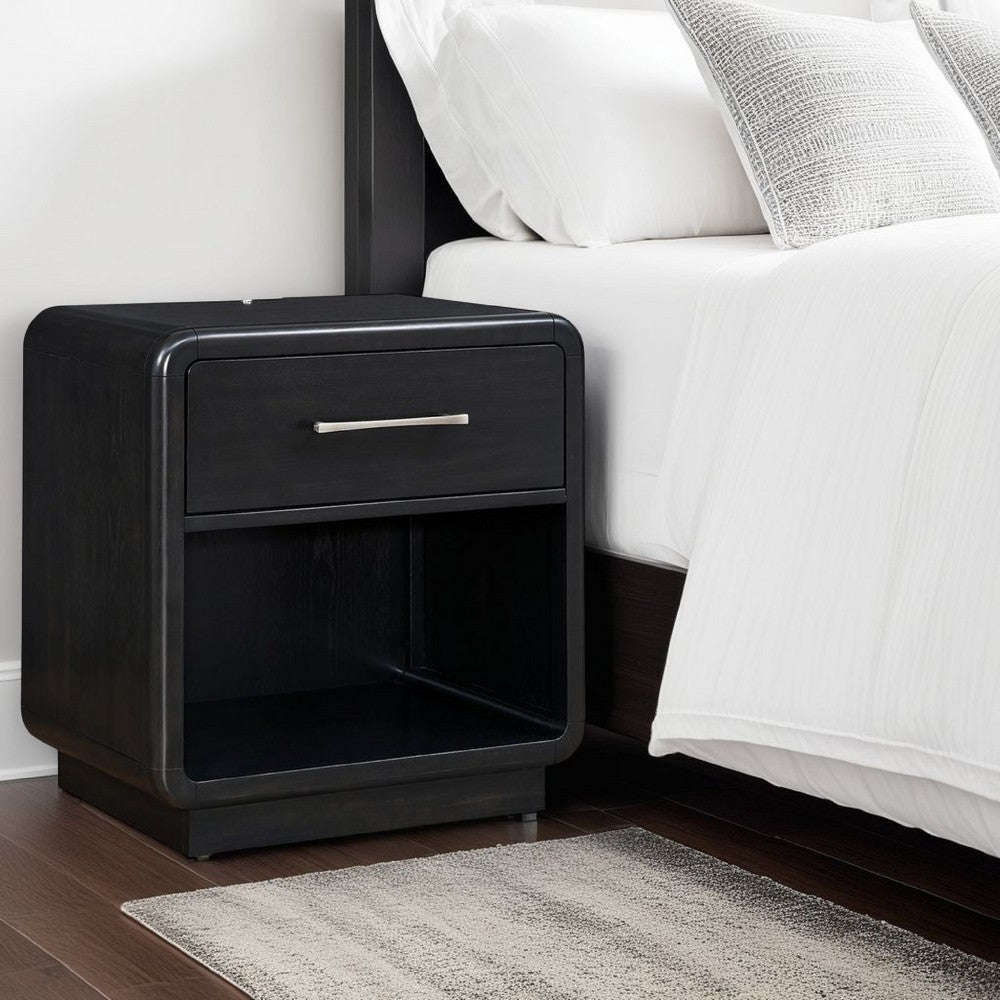 Benjara Robeck Nightstand, 1 Drawer, Black 26 Inch, Silver Metal Handles