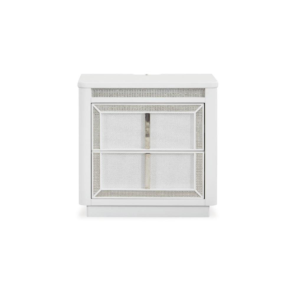 Benjara Canaal Nightstand, 2 Drawer, White Solid Wood, 28 Inch, LED Light
