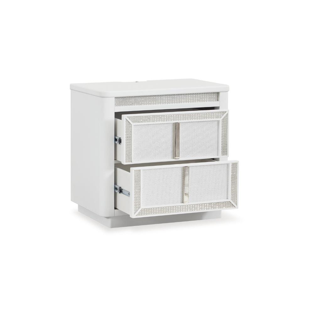 Benjara Canaal Nightstand, 2 Drawer, White Solid Wood, 28 Inch, LED Light