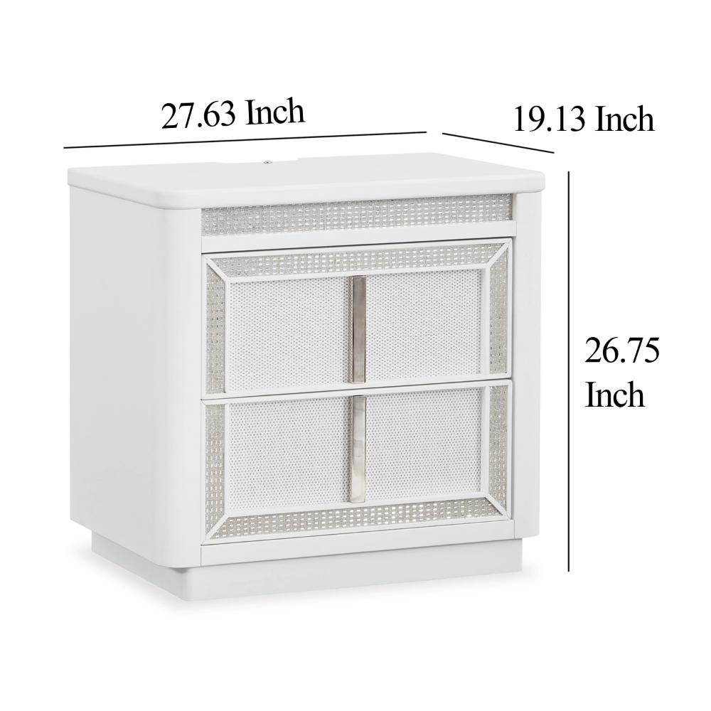 Benjara Canaal Nightstand, 2 Drawer, White Solid Wood, 28 Inch, LED Light
