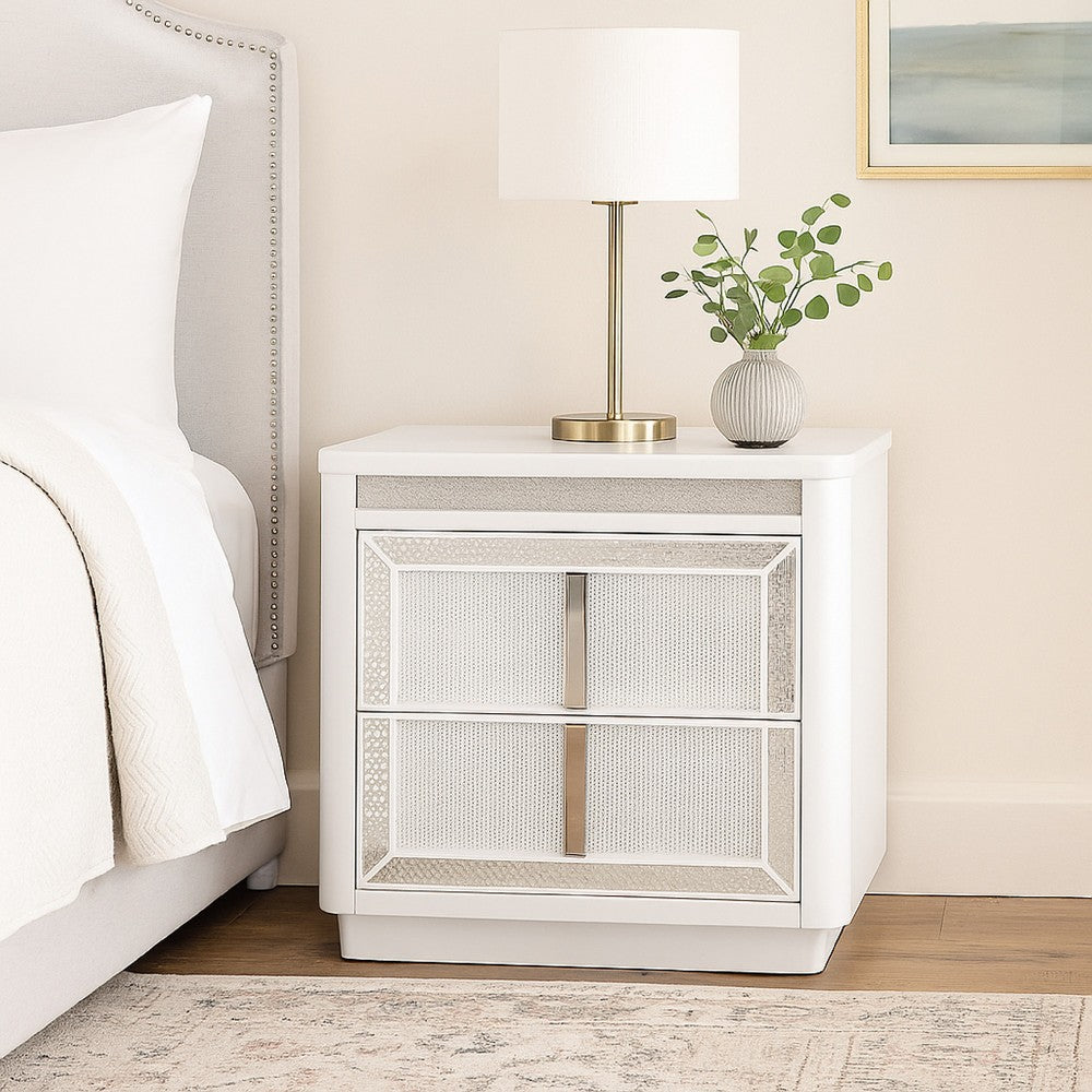 Benjara Canaal Nightstand, 2 Drawer, White Solid Wood, 28 Inch, LED Light