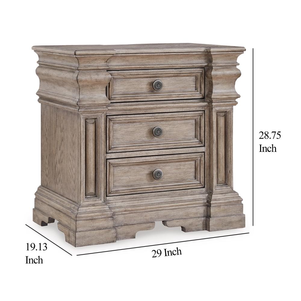 Benjara Blaie Nightstand, 3 Drawer, 29 inch, Taupe Brown Solid Hardwood Finish