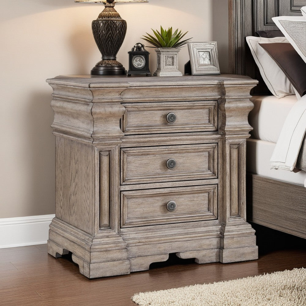 Benjara Blaie Nightstand, 3 Drawer, 29 inch, Taupe Brown Solid Hardwood Finish