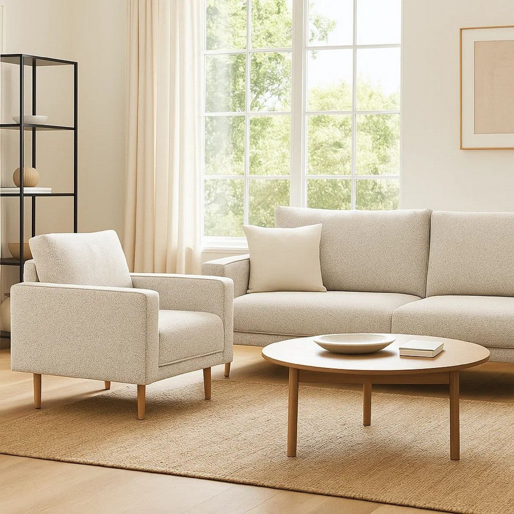 Benjara Remy Accent Chair, Bench Seat w Track Arms, Plush Off White Boucle
