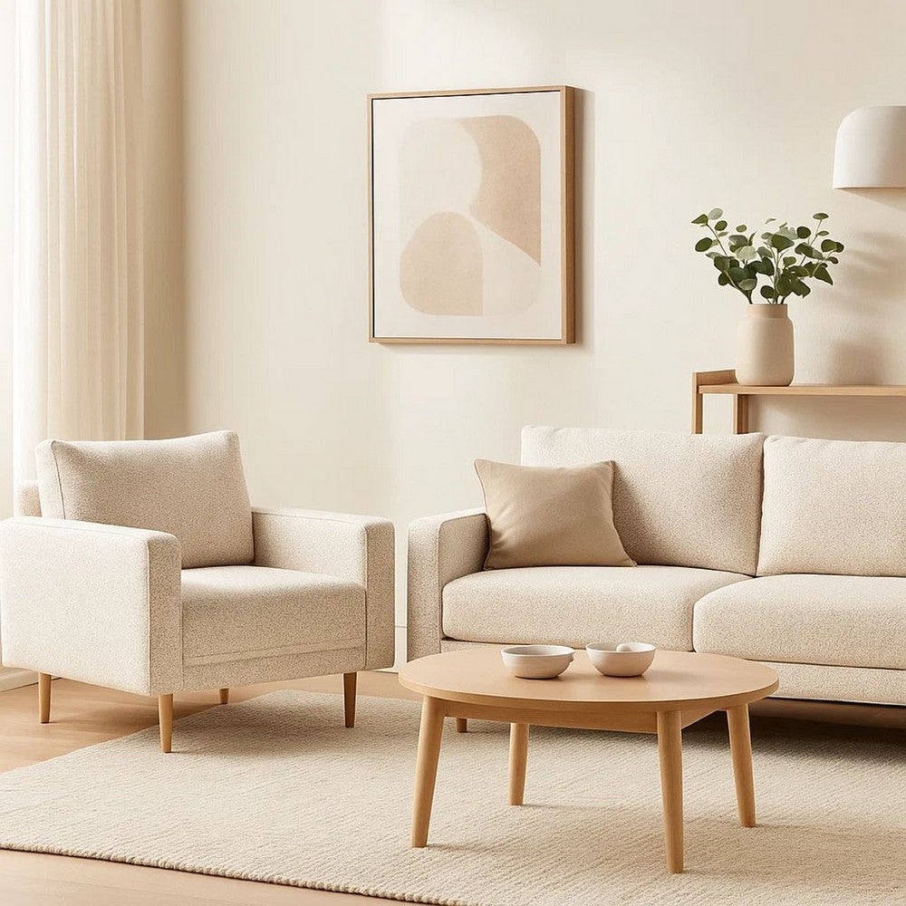 Benjara Remy Accent Chair, Bench Seat w Track Arms, Plush Off White Boucle