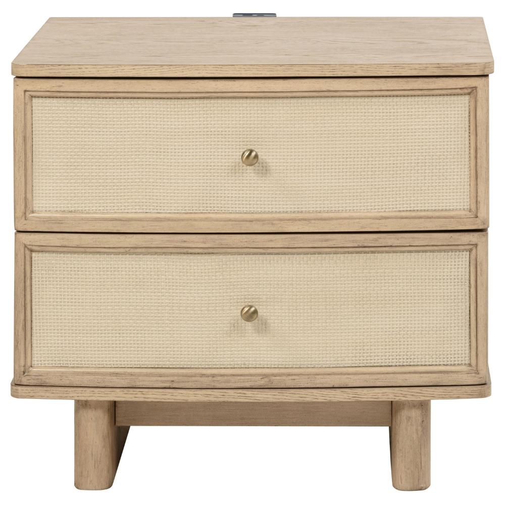 Benjara Lno Nightstand, 2 Cane Accent Drawers w Brass Knobs, USB, Oak Beige