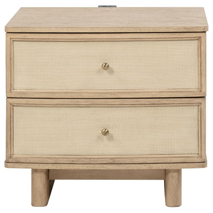 Benjara Lno Nightstand, 2 Cane Accent Drawers w Brass Knobs, USB, Oak Beige