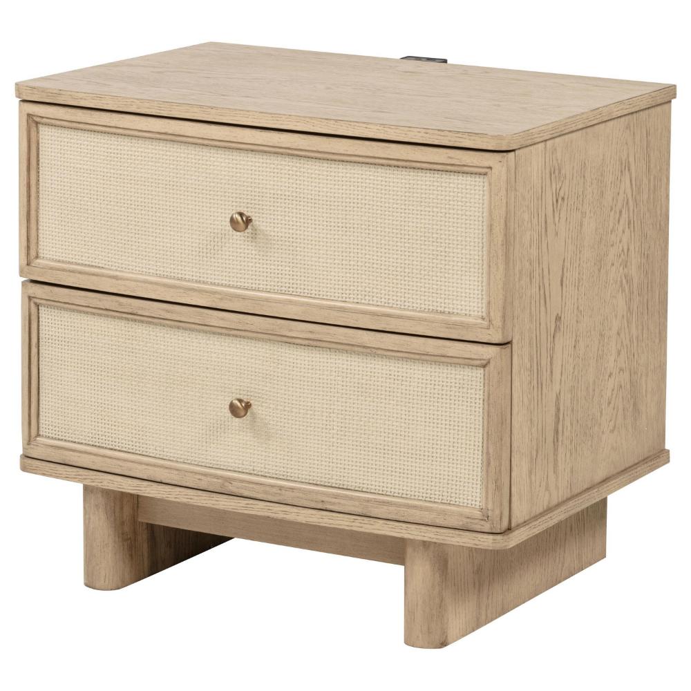 Benjara Lno Nightstand, 2 Cane Accent Drawers w Brass Knobs, USB, Oak Beige