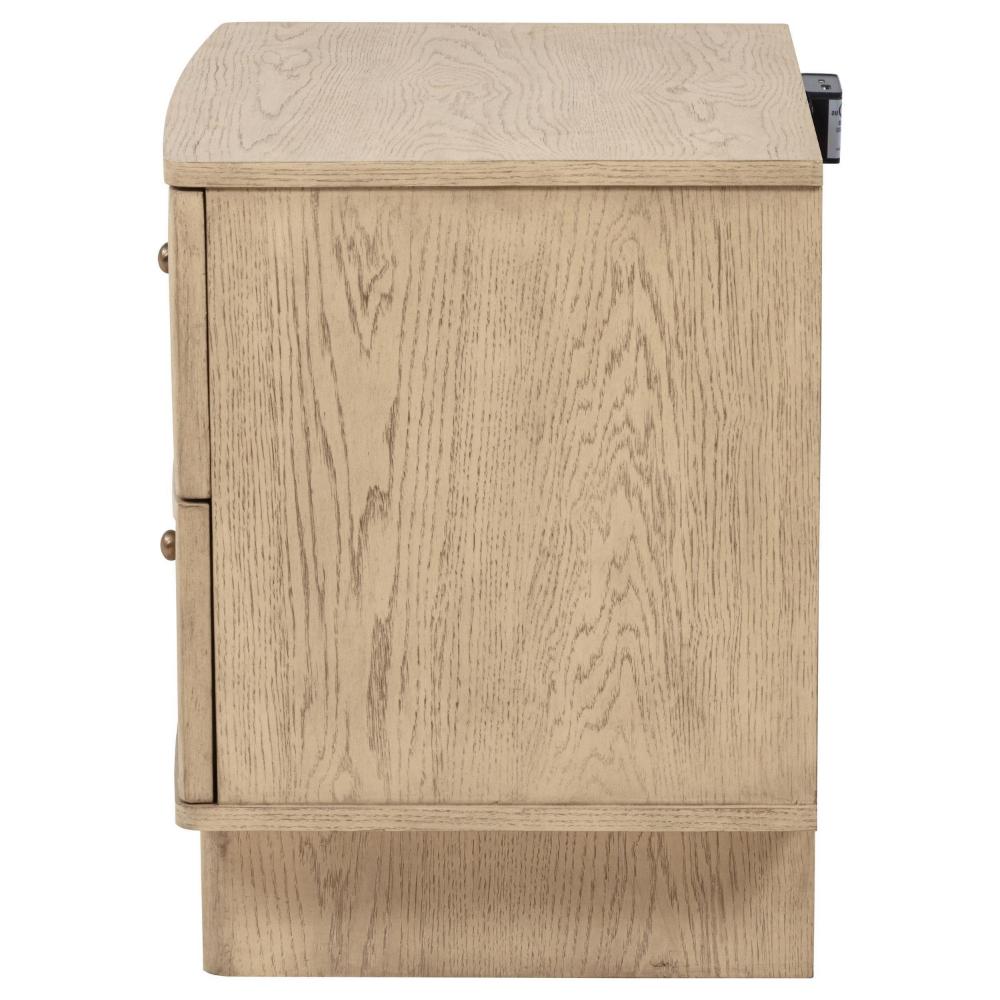Benjara Lno Nightstand, 2 Cane Accent Drawers w Brass Knobs, USB, Oak Beige