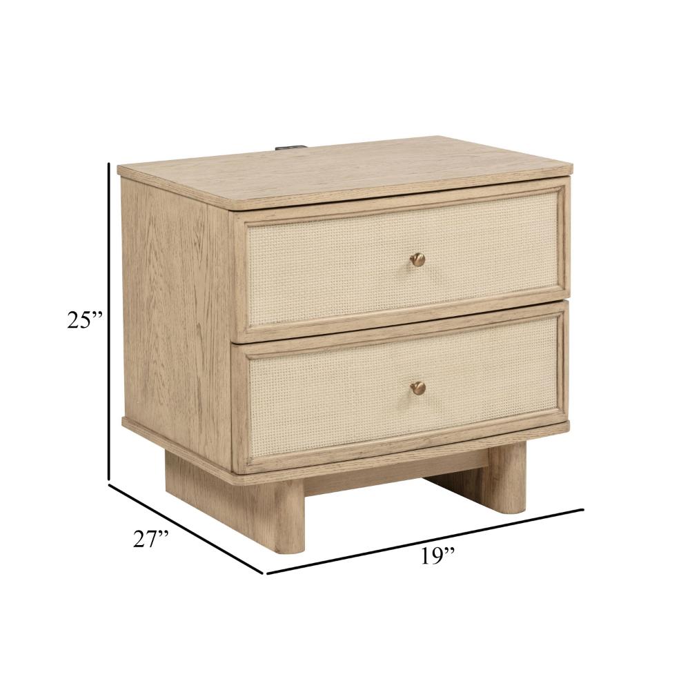 Benjara Lno Nightstand, 2 Cane Accent Drawers w Brass Knobs, USB, Oak Beige