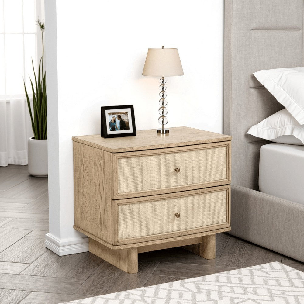 Benjara Lno Nightstand, 2 Cane Accent Drawers w Brass Knobs, USB, Oak Beige