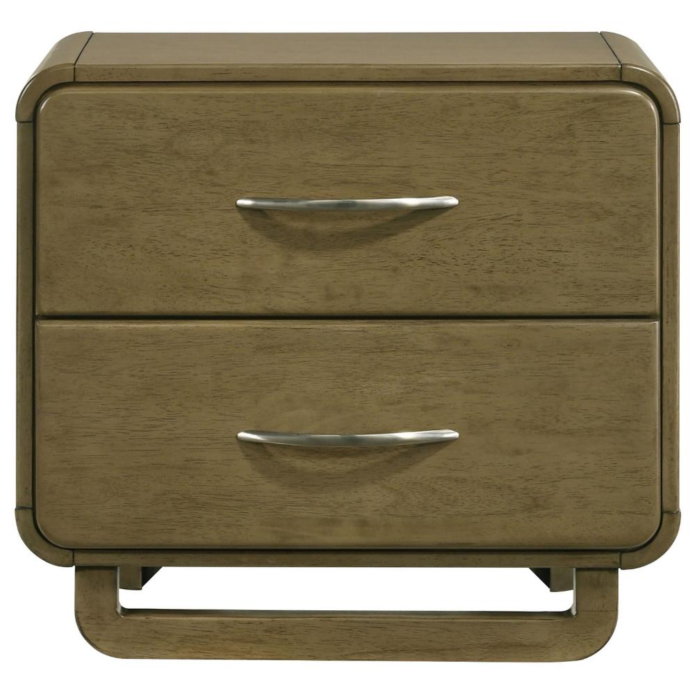 Benjara Deon Nightstand, 2 Drawers w Nickel Handles, Sled Legs, Nutmeg Brown