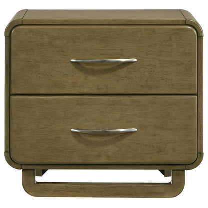 Benjara Deon Nightstand, 2 Drawers w Nickel Handles, Sled Legs, Nutmeg Brown