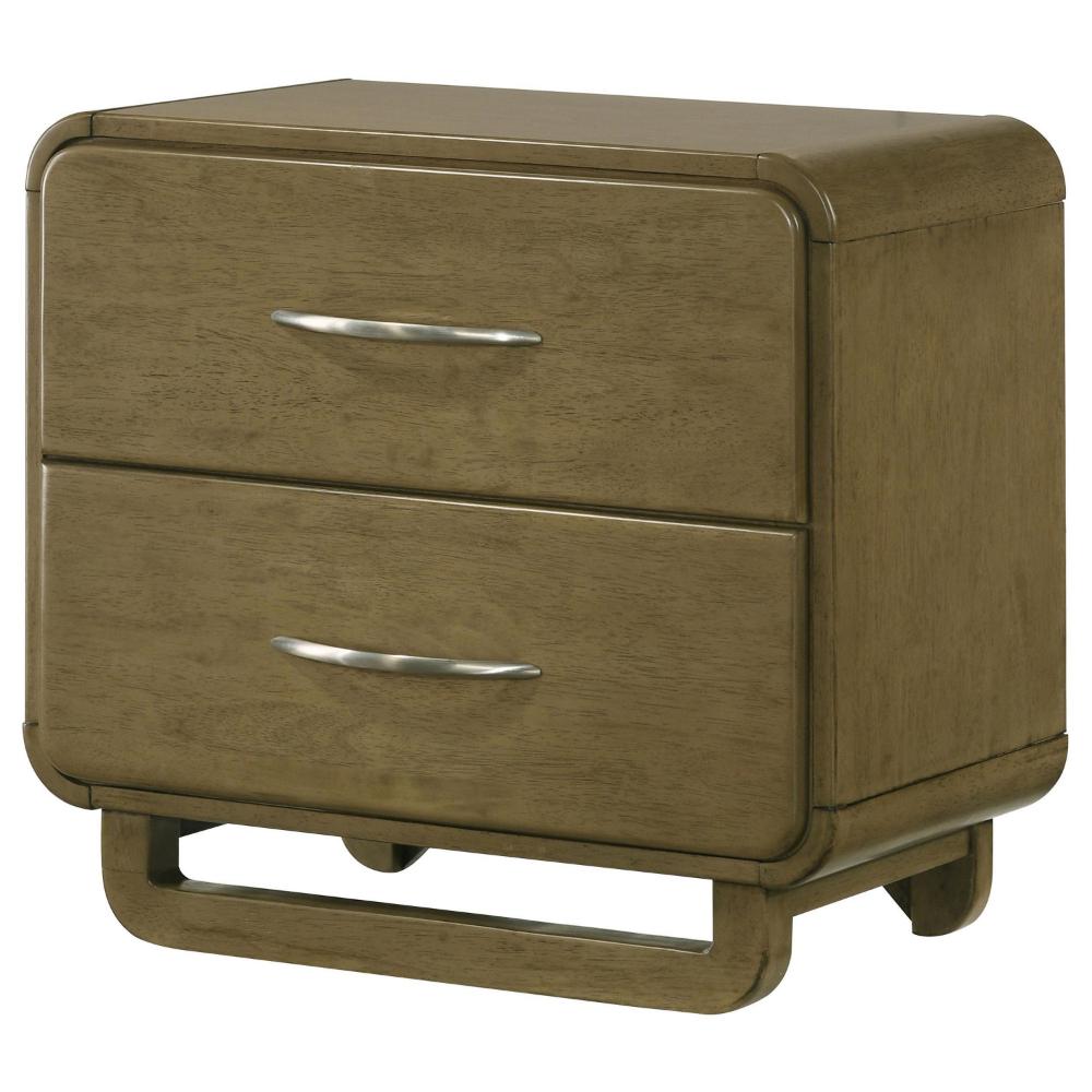 Benjara Deon Nightstand, 2 Drawers w Nickel Handles, Sled Legs, Nutmeg Brown