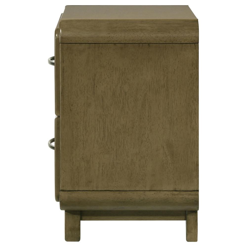 Benjara Deon Nightstand, 2 Drawers w Nickel Handles, Sled Legs, Nutmeg Brown