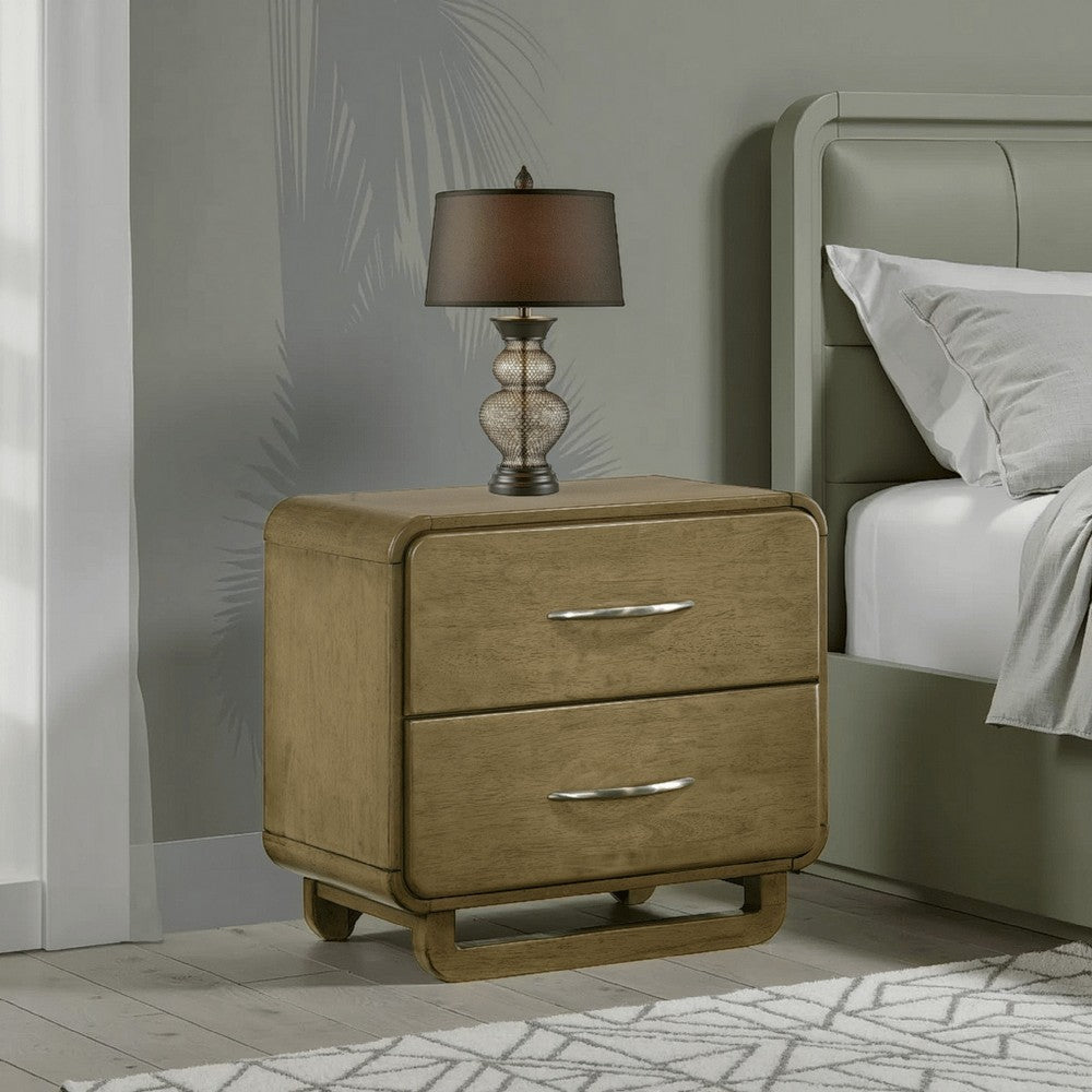Benjara Deon Nightstand, 2 Drawers w Nickel Handles, Sled Legs, Nutmeg Brown