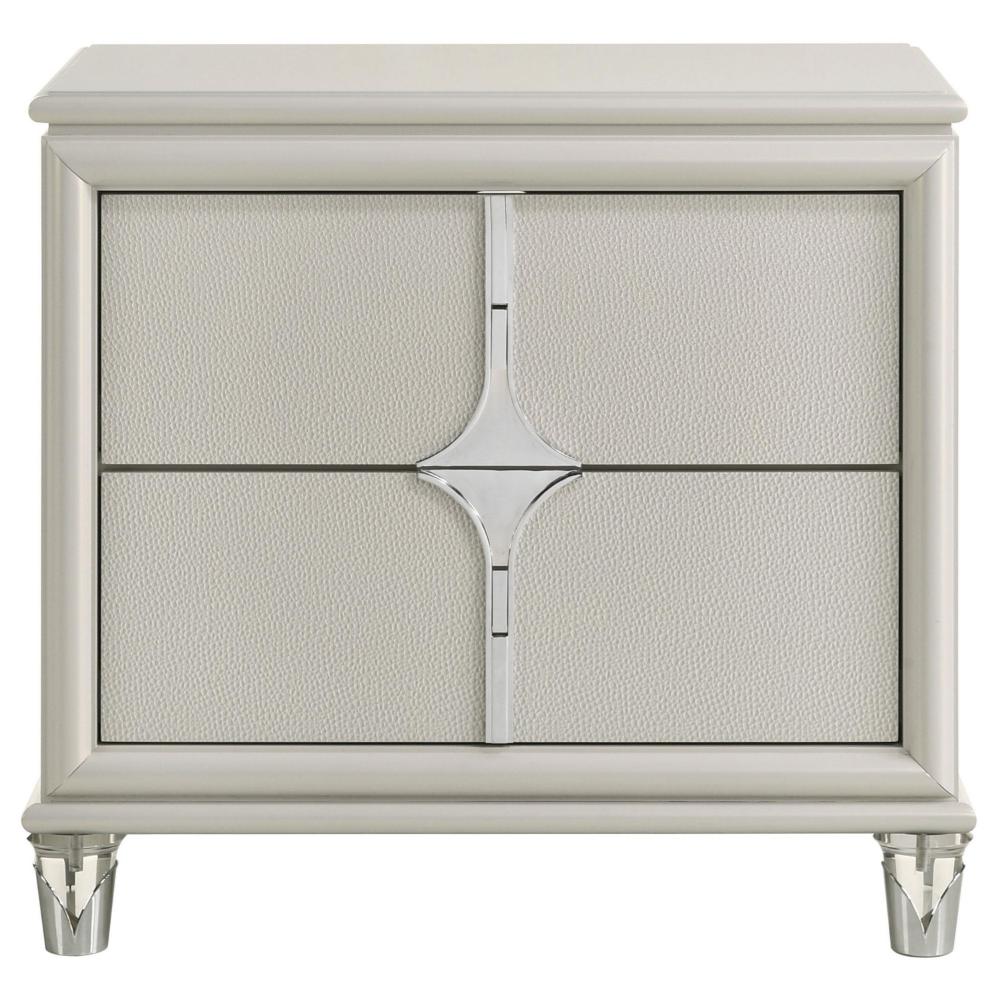 Benjara Ory Nightstand w 2 Drawers, Chrome Star Handle, Pearl Ivory Wood
