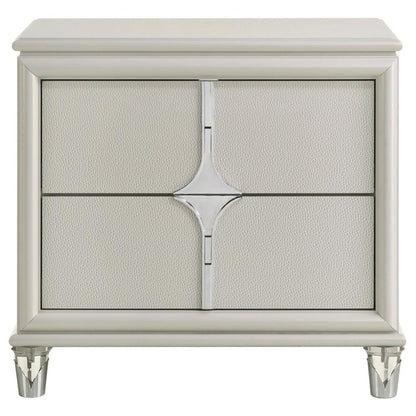 Benjara Ory Nightstand w 2 Drawers, Chrome Star Handle, Pearl Ivory Wood