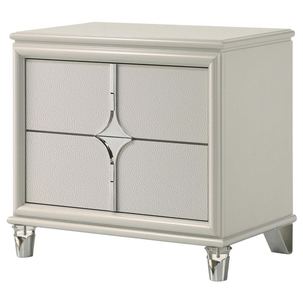 Benjara Ory Nightstand w 2 Drawers, Chrome Star Handle, Pearl Ivory Wood