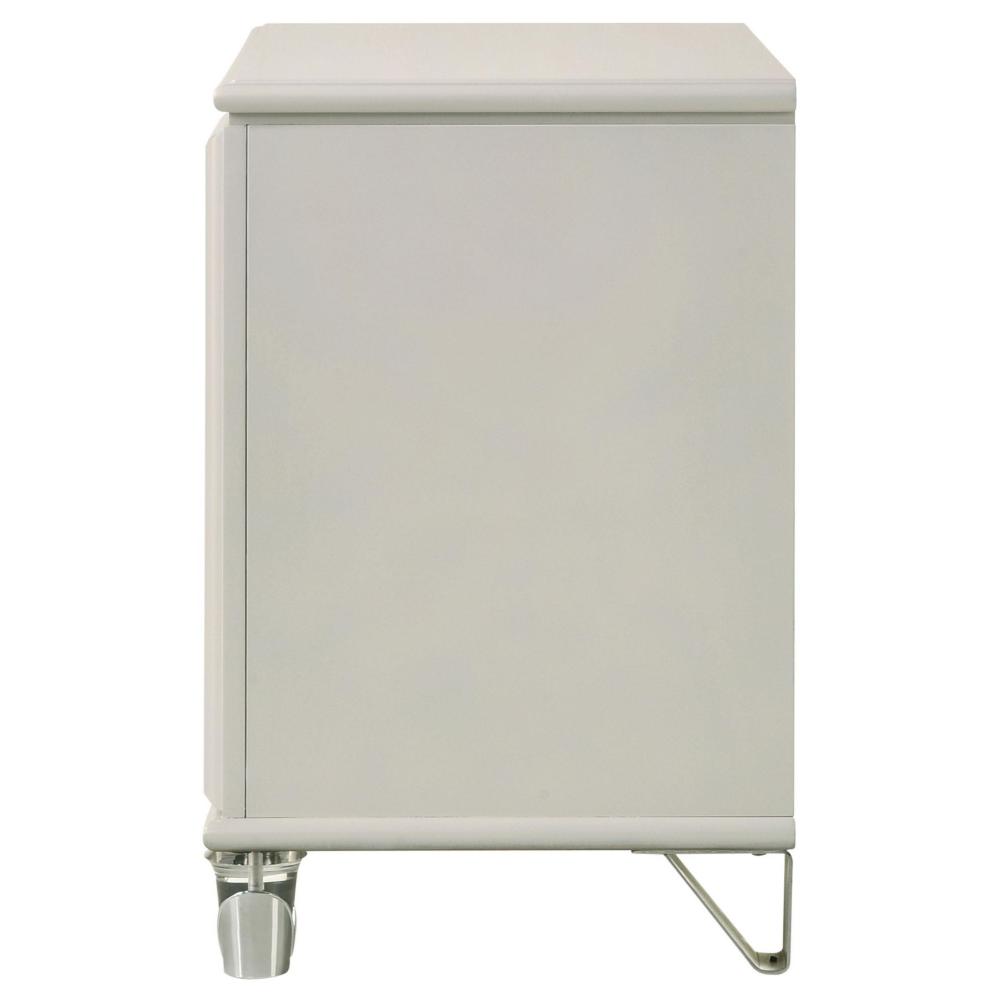Benjara Ory Nightstand w 2 Drawers, Chrome Star Handle, Pearl Ivory Wood