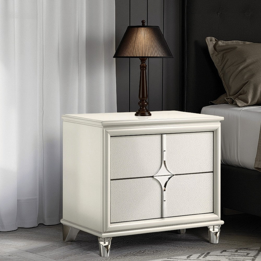 Benjara Ory Nightstand w 2 Drawers, Chrome Star Handle, Pearl Ivory Wood