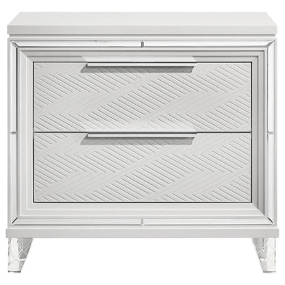 Benjara Mory Nightstand, 2 Drawers, Embossed Herringbone Pattern White, Chrome