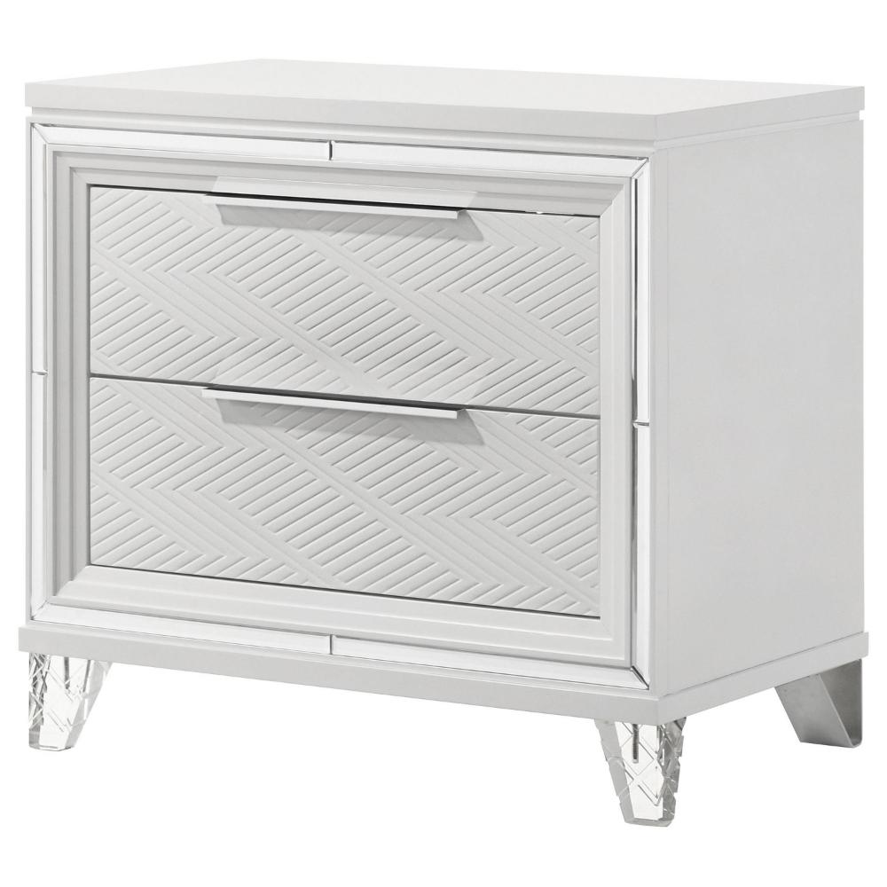 Benjara Mory Nightstand, 2 Drawers, Embossed Herringbone Pattern White, Chrome