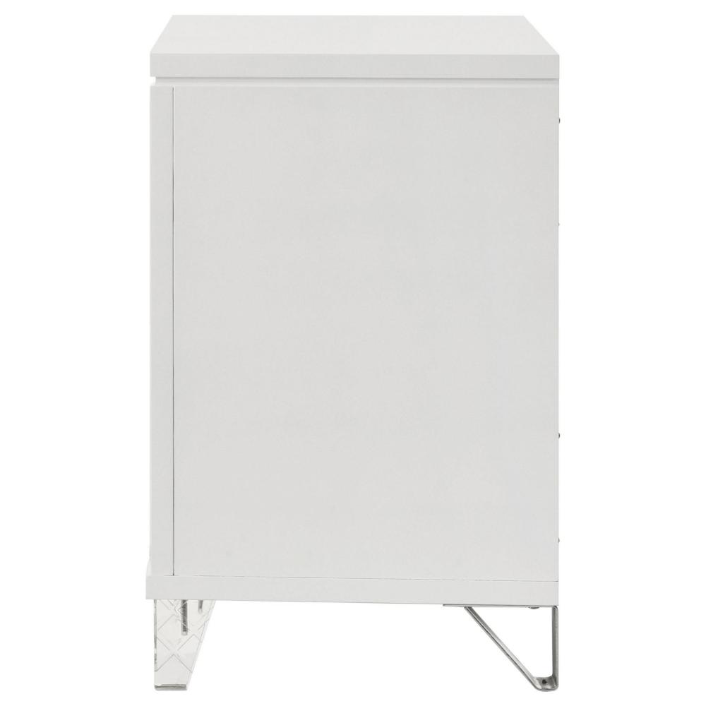 Benjara Mory Nightstand, 2 Drawers, Embossed Herringbone Pattern White, Chrome