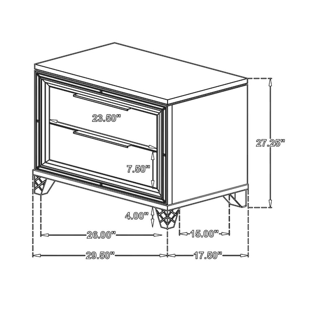 Benjara Mory Nightstand, 2 Drawers, Embossed Herringbone Pattern White, Chrome