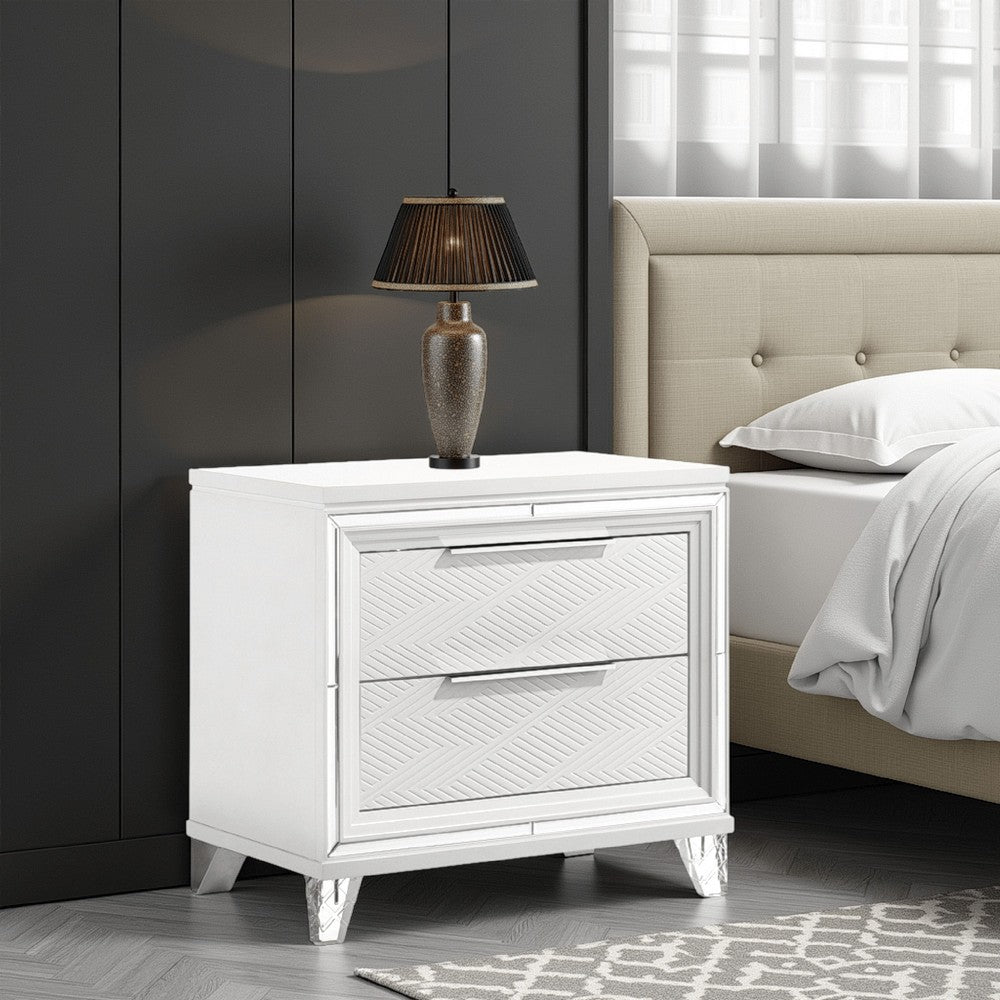 Benjara Mory Nightstand, 2 Drawers, Embossed Herringbone Pattern White, Chrome