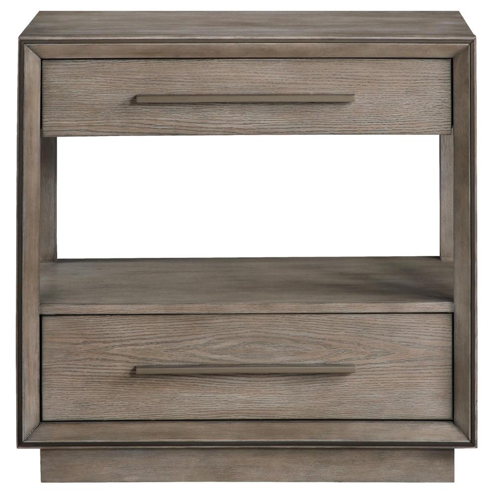 Benjara Lyni Nightstand, 2 Storage Drawers, Open Shelf, Washed Oak Brown