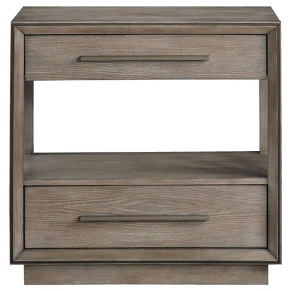 Benjara Lyni Nightstand, 2 Storage Drawers, Open Shelf, Washed Oak Brown