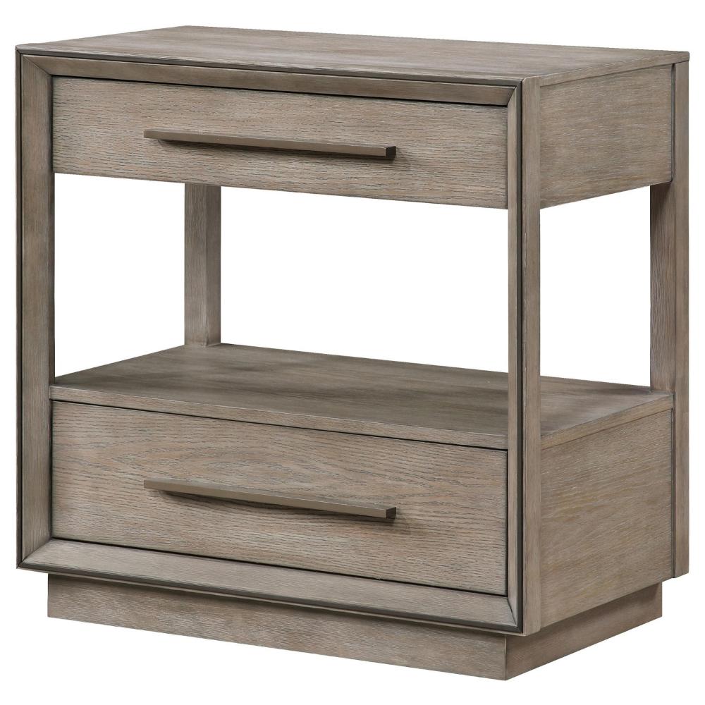 Benjara Lyni Nightstand, 2 Storage Drawers, Open Shelf, Washed Oak Brown