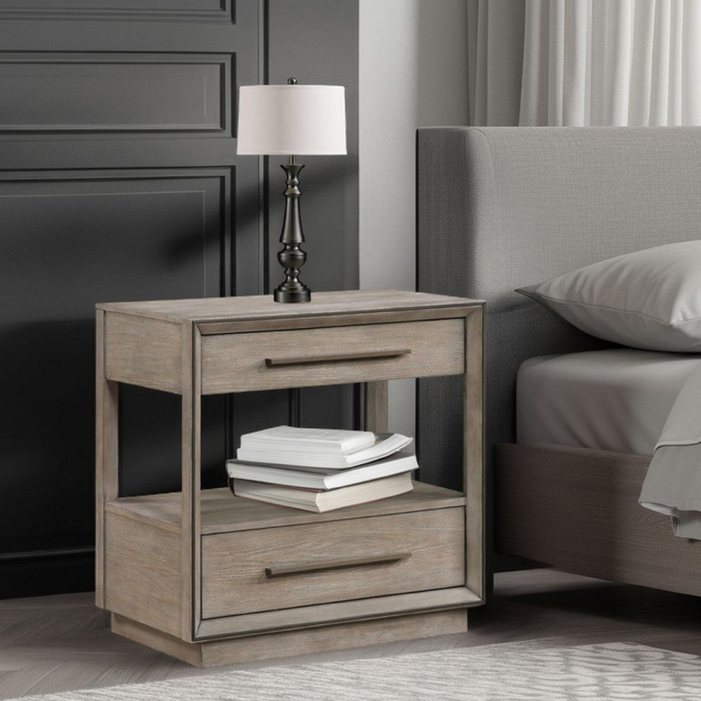 Benjara Lyni Nightstand, 2 Storage Drawers, Open Shelf, Washed Oak Brown