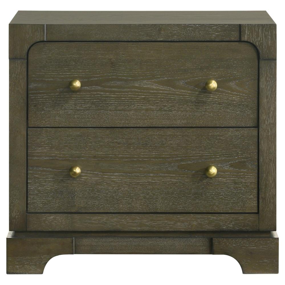Benjara Seon Nightstand, 2 Drawers with Brass Knobs, Dark Cocoa Brown Wood
