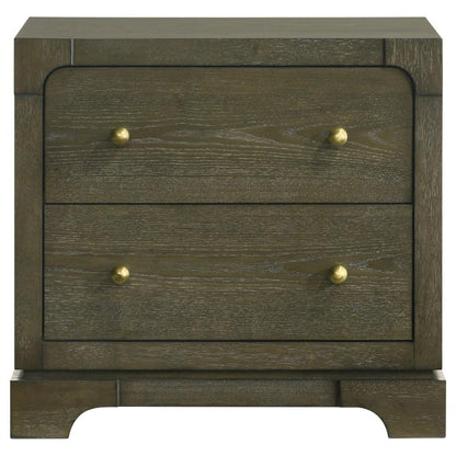Benjara Seon Nightstand, 2 Drawers with Brass Knobs, Dark Cocoa Brown Wood
