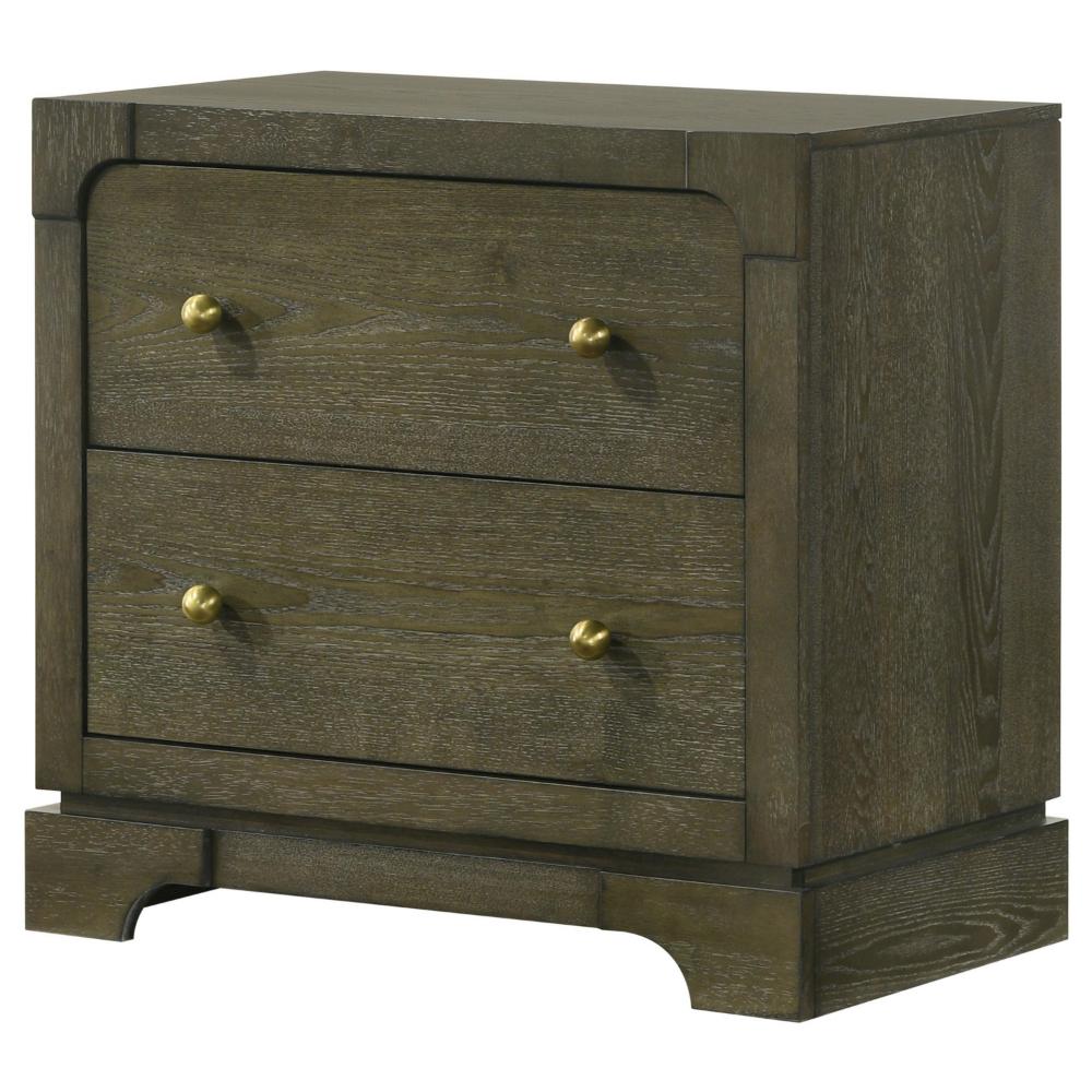 Benjara Seon Nightstand, 2 Drawers with Brass Knobs, Dark Cocoa Brown Wood
