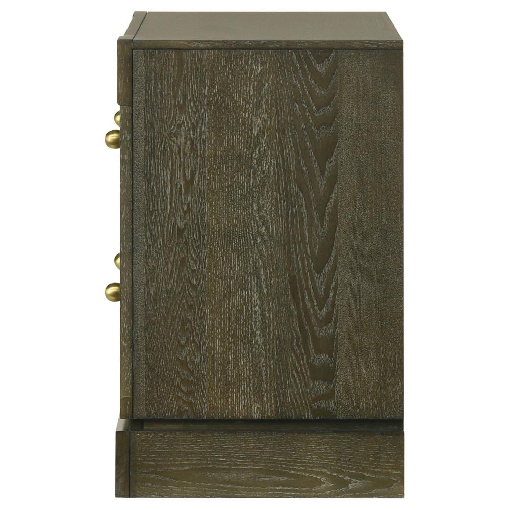 Benjara Seon Nightstand, 2 Drawers with Brass Knobs, Dark Cocoa Brown Wood